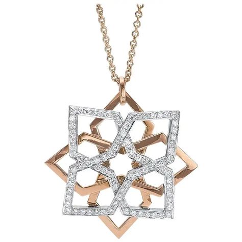 For Sale on 1stDibs - This edgy pendant is a geometric design in a shiny 18 karat rose gold layered with a white gold section set with a single row of round brilliant diamonds. Dancing Diamond, Geometric Rose, Islamic Jewelry, Art Jewelry Design, Geometric Bracelet, Wide Cuff Bracelets, Rose Gold Chain, Rose Jewelry, Diamond Chain