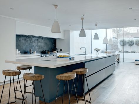 A Bold Blue  White Linear Basement Kitchen Drawers Ideas, Small Kitchen Island, Island Table, Kitchen Island Table, Basement Kitchen, Modern Kitchen Island, Kitchen Island With Seating, Extension Ideas, Dream Kitchens