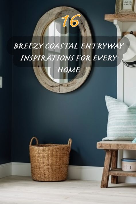 I love how this entryway captures the essence of coastal living! The deep blue walls paired with natural textures create a warm and inviting space. The round mirror adds a rustic charm, while the woven basket brings in that beachy vibe. It’s the perfect blend of function and style, making every entrance feel like a breath of fresh air. Nautical Hallway Ideas, Coastal Entrance Hall, Coastal Entryway Ideas, Deep Blue Walls, Coastal Design Ideas, Hollywood Regency Bedroom, Cottage Entryway, Coastal Design Style, Coastal Entryway