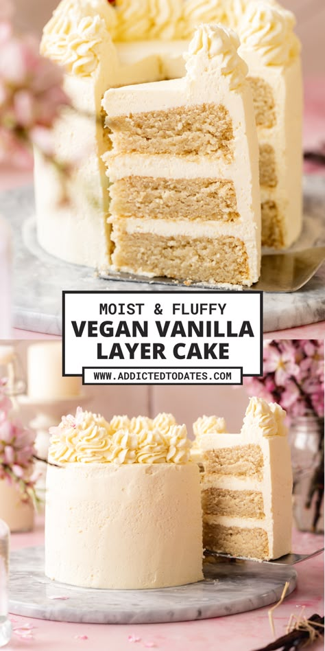 An image of a fluffy and moist vegan vanilla cake on a marble plate. The cake has three layers with a creamy white frosting in between and on top. It is decorated with sliced piped buttercream. Vegan Vanilla Sponge Cake, Vegan Moist Cake, Vanilla Vegan Cake, Best Vegan Vanilla Cake, Vegan Wedding Cake Recipe, Vegan Layer Cake, Vegan Cakes Recipe, Vegan Birthday Cake Recipe, Vegan Vanilla Cake Recipe