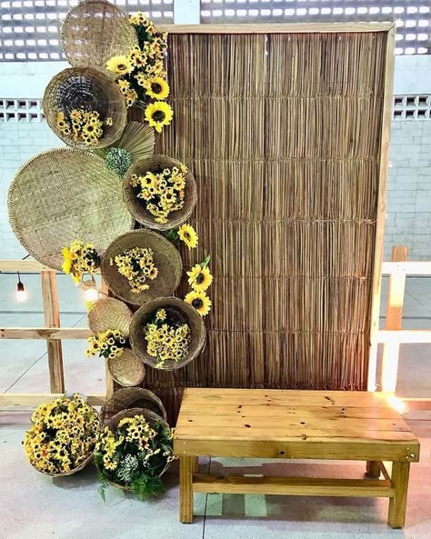 Sunflower Ganpati Decoration, Banana Leaf Stage Decoration, Bamboo Photo Booth, Forest Ganpati Decoration, Maiyan Decor Backdrop, Photo Drop, Harvest Fest, Desi Wedding Decor, Business Decor