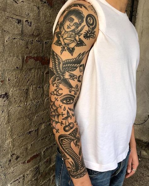 American Traditional Tattoos Tricep, Traditional Arm Sleeve Tattoo, American Traditional Tattoos Men Old School, Traditional Black Sleeve, Traditional Bicep Tattoo, Crappy Tattoos, Traditional Tattoos Men, Traditional Arm Tattoo, Black And Grey Traditional Tattoo