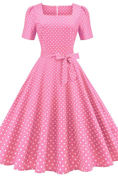 Pink Square Neck Short Sleeve A-Line Swing Dresses. PRODUCT DETAILS SKU: FF1716. Available In Pink, Red, Black, Yellow, Royal Blue. Short-Sleeves. Tea Length. Polyester. Bowknot Dress, Vintage Polka Dot Dress, Robes Vintage, Dot Print Dress, Square Neck Dress, Retro Mode, Rockabilly Dress, Check Dress, Vestidos Vintage