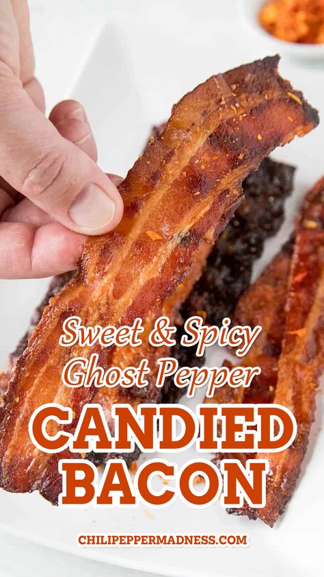 This recipe is no joke. It is seriously one of the tastiest bites I’ve had in a while, and DANG! I’ve had a lot of bites. Truly, there is something about candied bacon that, after a single bite, overwhelms your other senses, forces your brain to center solely on the pleasure of your taste buds, forgoing all other sensory input. #candiedbacon #sweetandspicy #ghostpepper #bacon #baconrecipe | chilipeppermadness.com @chilipeppermadness Recipes With Ghost Peppers, Ghost Pepper Recipes, Candied Bacon Recipe, Spicy Bacon, Chili Pepper Recipes, Authentic Mexican Recipes, Ghost Pepper, Bacon Recipe, Ghost Peppers