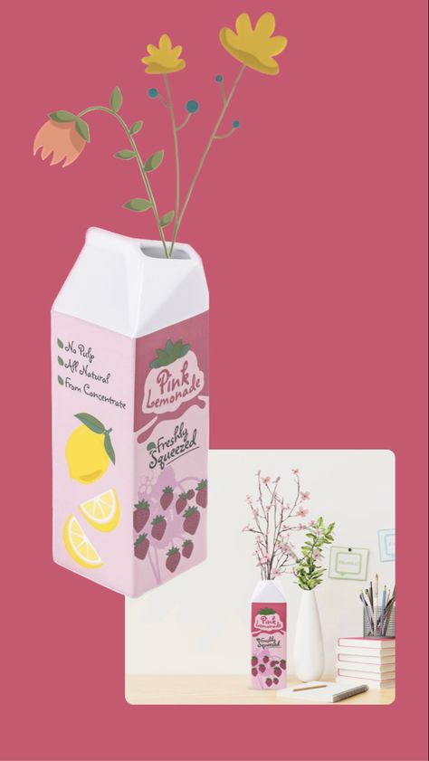 Milk carton shaped pink ceramic vase Milk Cartons Aesthetic, Strawberry Pink Lemonade, Funky Vase, Pink Vases, Funky Vases, Juice Carton, Carton Design, Home Decor Cute, Long Stem Flowers