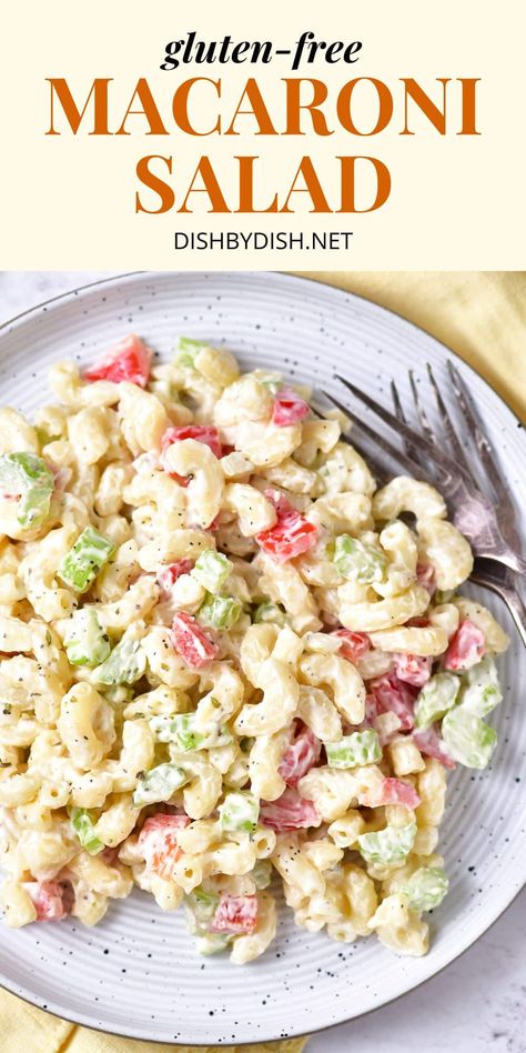 Perfect for picnics, barbecues and potlucks, this gluten-free macaroni salad is easy to make, tastes delicious, and is always a popular side dish during the summer! Totally dairy-free too. Gluten Free Macaroni Salad, Gluten Free Dairy Free Dinner, Gluten Free Pasta Salad, Dairy Free Pasta, Popular Side Dishes, Dairy Free Dinner, Summer Salad Recipes, Macaroni Salad, Gluten Free Pasta