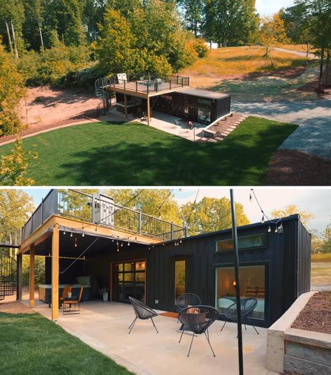 A shipping container tiny home with a black exterior, rooftop deck, outdoor entertaining space, and a modern interior. Shipment Container Homes, Sea Can Homes, Shipping Container Pool House, Shipping Container Tiny Home, Container Tiny Home, Shipping Container Pool, Sea Container Homes, Tiny Container House, Container Pool