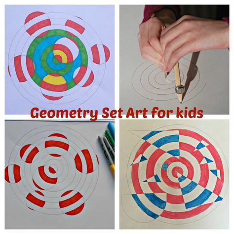 Geometry Set Art for kids. Combining Art and Maths together to make learning fun. ofamily learning together Art In Math Elementary, Math And Art Integration, Geometry Art Projects, Elementary Geometry Drawing, Geometry Transformations Activity, Math Art Activities, Art And Math, Math Art Projects, Art Methods