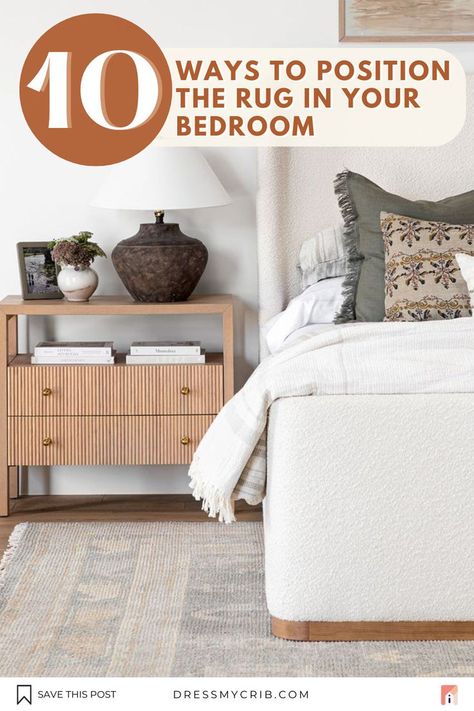 Modern Farmhouse Neutral Bedroom with beautiful Ivory Beige Area Rug is a perfect way to elevate your room. Rug placement and size can visually affect the way room looks and tie all the furnitures together. In our blog, we share our 10 Ground Rules on How To Place Your Rug in the Bedroom to make it look cohesive and complementing. And specifically what rug under king size bed to choose. FInd the right rug king bed placement! Find more about bedroom arrangements in our Blog. King Size Bed Rugs, Rug Size For Queen Bed Small Room, 9x12 Rug Under King Bed, Corner Bed Rug Placement, Rug Under Bed Placement, Rug In Bedroom How To Place, Rug Under King Size Bed, Rug Size King Bed, Rug Placement Bedroom