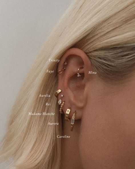 Ear Piercing Stacks, Piercing Stacks, Ear Stacks, Skin Studio, Ear Piercings Chart, Dainty Gold Jewelry, Cool Ear Piercings, Pretty Ear Piercings, Double Piercing