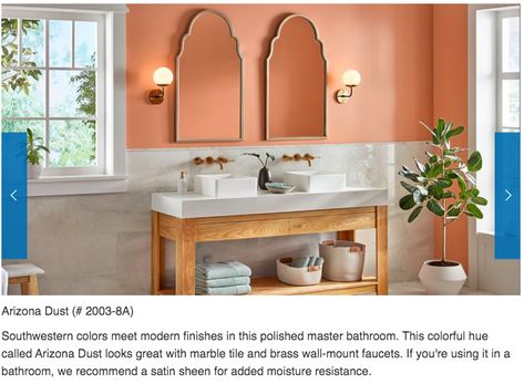 Paint color = Arizona Dust, Valspar Light Orange Bathroom Walls, Peach Paint Bathroom, Peach Colored Bathroom, Peach Color Kitchen, Peach Bathroom Walls, Light Peach Wall Color, Peach Color Bathroom, Apricot Bathroom, Light Orange Paint Colors