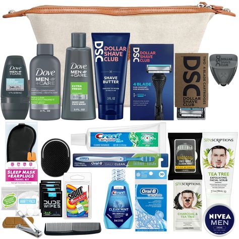 PRICES MAY VARY. Title: Convenience Kits International Men’s Super Premium 35 PC Travel Kit Featuring: Travel-Size Hair Care Products Plus Face, Body, Oral Care, Travel Essentials in Large Ivory Canvas Toiletry Bag. Product Type: Products > Tools & Accessories > Bags & Cases > Toiletry Bags Homeless Care Package, Travel Size Items, Hair Care Kits, Dollar Shave Club, Travel Size Toiletries, Mens Toiletry Bag, Travel Essentials Men, Grooming Routine, Travel Kit