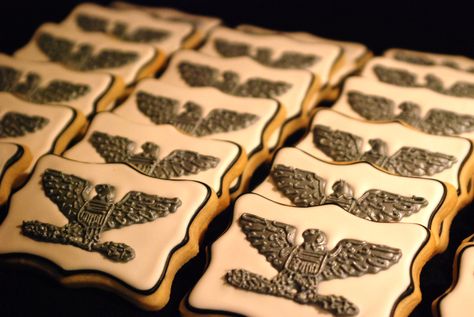 Cookies for an Air Force Colonel's promotion party. (military) Police Cakes, Army Retirement, Military Cake, Promotion Decoration, Military Party, Promotion Party, How To Make Icing, Dessert Recipies, Patriotic Party