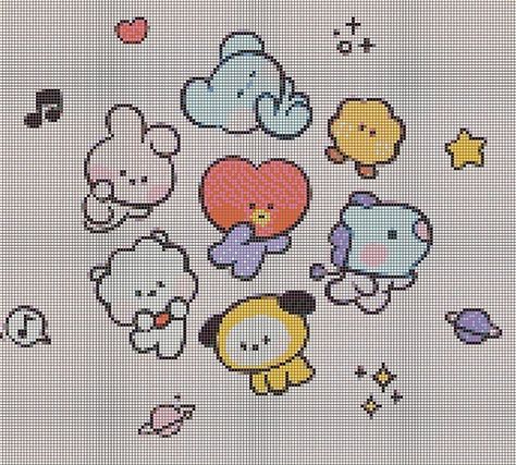 Bt21 Cross Stitch Pattern, Bts Pixel Art, Kpop Pixel Art, Free Printable Planner Stickers Kawaii, Crochet Graph Patterns, Pokemon Cross Stitch Patterns, Graph Patterns, Crochet Graph, Crochet Cute