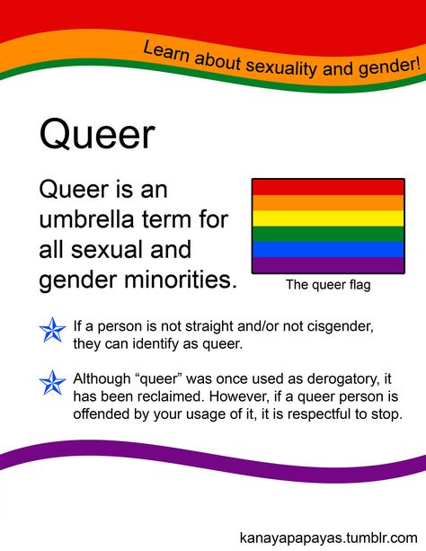 Queer: Queer is an umbrella term for all sexual and gender minorities. If a person is not straight and/or not cisgender, they can identify as queer. Although "queer" was once used as derogatory, it has been reclaimed. However, it a queer person is offended by your usage of it. It is respectful to stop. [follow this link to find a bundle of videos related to the sociological study of sexuality: http://www.thesociologicalcinema.com/1/category/sexsexuality426c2cb9b6/1.html] Umbrella Term, Lgbt Love, Gender Identity, Lgbtq Pride, Lgbt Pride, Gay Pride, Umbrella, Prince, Flag