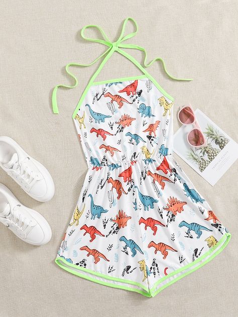 Dinosaur Print Ringer Halter Romper | SHEIN USA Jumpsuits Women, Halter Romper, Shein Style, Dinosaur Print, Rompers Women, Spandex Fabric, Jumpsuits For Women, Tankini, Fashion News