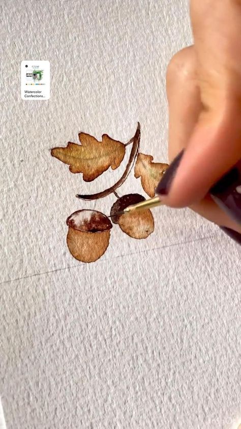 Acorn Watercolor Paintings, September Watercolor Paintings, Watercolour Acorn, Fall Watercolor Paintings Easy, Acorn Watercolor, Fall Watercolor Paintings, Fall Watercolor Art, Flower Art Watercolor, Acorn Painting