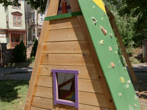 Build a Combination Swing Set, Playhouse and Climbing Wall | how-tos | DIY Playhouse Plans Diy, Kids Climbing Wall, Frame Playhouse, A Frame Playhouse, Diy Playhouse Plans, Diy Playhouse, Backyard Swings, Build A Playhouse, Kids Climbing