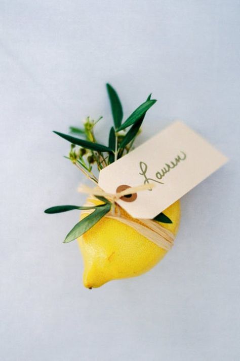 Swoon-Worthy Escort Card Ideas (That You Haven’t Seen a Million Times)  #purewow #decor #wedding #home Lemon Themed Party, Wedding In Spain, Citrus Wedding, Tafel Decor, Wedding Spain, Olive Branches, Lemon Decor, Festa Party, Romantic Destinations