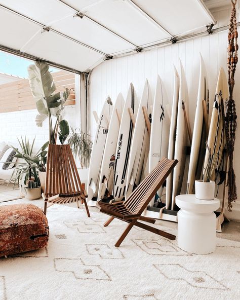 Surf Shop Interior, Surf Board Rack, Living Room Garage, Surfboard Storage, Surf Rack, Old Money House, Stomach Bug, Surfboard Rack, Office Shed