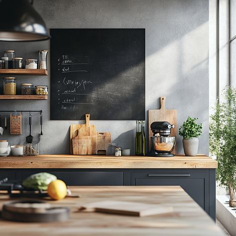 Add personality to your kitchen with a chalkboard wall for notes, recipes, and reminders! #KitchenIdeas Chalkboard In Kitchen, Chalkboard Wall Kitchen, Modern Chalkboard, Kitchen Chalkboard, Home Bar Designs, Bar Designs, Wall Kitchen, Chalkboard Wall, Add Personality