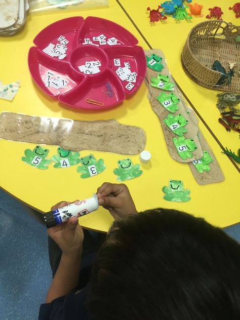 Great activity to take home! A log made of coffee paint and finger painted numbered frogs. Laminate and Velcro. 5 little speckled frogs Tadpole Activities Eyfs, Frog Activities Eyfs, 5 Speckled Frogs Activities, 5 Little Speckled Frogs Activities, Frogs Eyfs, 5 Speckled Frogs, 5 Little Speckled Frogs, Nursery Ryhmes, Coffee Paint