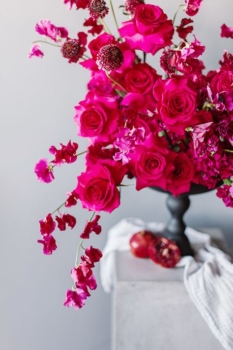 Hot-Pink-Flower-Arrangement-with-Roses-Sweet-Peas-Pincushion-on-plinth-still-life-with-pomegranate-valentines-day Raspberry Floral Arrangements, Shades Of Pink Flower Arrangements, Pink Red Purple Floral Arrangement, Fushia Flower Arrangement, Dark Pink Flower Arrangements, Fuschia Floral Arrangements, Bright Pink Flower Arrangements, Hot Pink Flowers Wedding, Bright Pink Floral Arrangements