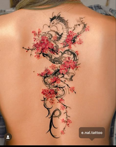 Japan Spine Tattoo, Flower Dragon Tattoo, Phoenix And Dragon Tattoo, Japan Dragon Tattoo, Mulan Flower, Dragon Tattoo Drawing, Blossom Tree Tattoo, Floral Back Tattoos, Dragon Tattoo Ideas