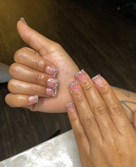 Acrylic Nails For Nurses, Short Set Nails, French Tip Nails With Diamonds, Nails For Nurses, Short French Tip, Nails With Charms, Short French Tip Nails, Overlay Nails, Set Nails