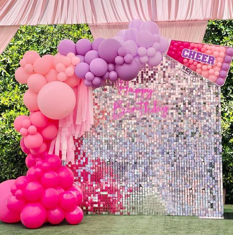 Little Wishes on Instagram: “CALLING ALL CHEERLEADERS!!!💖🎉💜🎉 So much fun creating this custom cheer theme!📣📣Happy Birthday Mikayla & Croft!🥳 . . . . . #cheerparty…” Cheer Banquet Photo Backdrop, Cheerleading Birthday Party Decorations, Cheerleading Themed Birthday Party, Barbie Fringe Backdrop, Purple Winter Wonderland, White Birthday Backdrop, Baby Pink Birthday Sequin Backdrop, Cheerleader Birthday Party, Wonderland Background