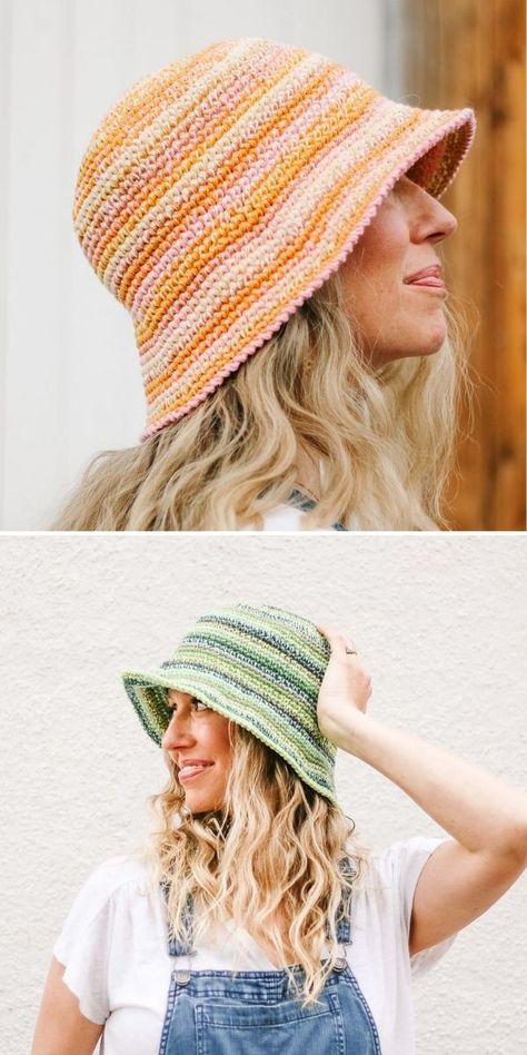 Simple bucket hat made with scrap yarn? Yes, please – that’s what I call a quick project! You can make it in one day, or a weekend if you’ve got less time to spare. There’s no need for regular color changes, so grab your leftover yarn and just use it up as you go. Do I have to mention how on trend these crochet sunhats are? I doubt it! #freecrochetpattern #crochetpattern #crochethat #crochetsunhat Loom Knit Bucket Hat, Colorful Crochet Bucket Hat, Beginner Crochet Bucket Hat, Simple Crochet Bucket Hat, Crochet Yarn Scraps Projects, Scrap Yarn Bucket Hat, Bucket Hat Knitted, Bucket Crochet Hat Patterns, Bucket Hat Free Pattern Crochet