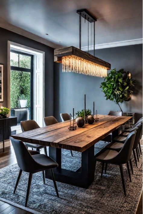 Modern Cabin Dining Room, Industrial Room Decor, Dining Room Design Contemporary, Blackwood Furniture, Rustic Modern Dining Room, Dining Area Interior Design, Modern Industrial Dining Table, Dining Area Interior, Modern Industrial Dining Room