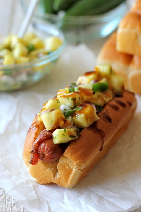 Bacon Wrapped Teriyaki Hot Dogs with Pineapple Salsa - Damn Delicious Bacon Wrapped Hotdogs, Wrapped Hot Dogs, Pineapple Salsa Recipe, On A Bun, Gourmet Hot Dogs, Hot Dog Toppings, Pineapple Salsa, Hot Dog Recipes, Chapati