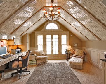 Finished attic. Bonus room + music studio Casa Garage, Secret Passage, Attic Makeover, Attic Office, Attic Renovation Ideas, Traditional Home Office, Kids Room Ideas, Finished Attic, Attic Playroom