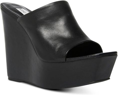 Amazon.com | Steve Madden Women's Barona Wedge Sandal, Black Leather, 10 | Platforms & Wedges Cheap Black Wedge Sandals With 4-inch Heel, Black Trendy Wedge Sandals With 4-inch Heel, Black Mules With 4-inch Wedge Heel, Black Slip-on Synthetic Wedge Sandals, Black Wedge Sandals With 4-inch Heel And Pointed Toe, Wedge Sandal, Platform Wedges, Fall 2024, Wedge Sandals