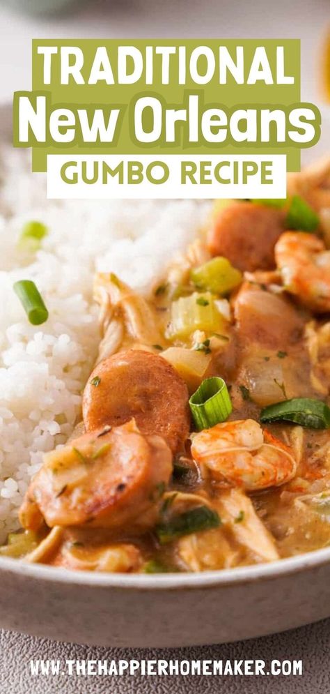 Experience the taste of the Bayou with our traditional Gumbo recipe! Packed with andouille sausage, chicken, and shrimp, simmered in a rich, chicken-based broth and flavorful roux, this hearty dish is perfect for chilly days. Let the bold flavors and comforting aroma transport you to the heart of the South. Try this classic Southern favorite today! Shrimp And Chicken Gumbo, Traditional Gumbo, New Orleans Gumbo, Shrimp And Sausage Gumbo, Cajun Gumbo, Chicken Sausage Gumbo, Southern Greens, Chicken Gumbo, Sausage Gumbo