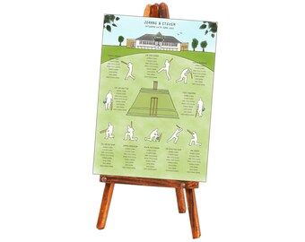 A beautiful cricket themed wedding table plan perfect for lovers of the sport. All artwork is illustrated by myself. Choose your very own "table names" from famous players to positions on the field. Designed in a watercolour style theme, this cricket wedding table plan is perfect for couples getting married this year. Fun Table Plan Ideas, Golf Theme Seating Chart Wedding, Cricket Bat Table Plan, Map Table Plan Wedding, Festival Wedding Seating Plan, Cricket Wedding, Wedding Table Plans, Wedding Table Themes, Unique Wedding Stationery