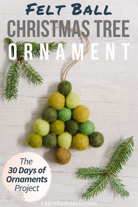 Here is a cute handmade ornament idea: you can learn how to make a DIY felt ball ornament in the shape of a Christmas tree, using 20mm felt balls, hot glue, and twine! A super fast and easy ornament craft, and so cute - you'll start brainstorming what other shapes you can make too! #feltball #feltballornament #ornament #christmas #lauraradniecki Easy Ornament Craft, Felt Ball Crafts, Ball Christmas Tree, Easy Ornaments, Xmas 2022, Free Printable Crafts, Footprint Crafts, Ornament Craft, Felting Ideas