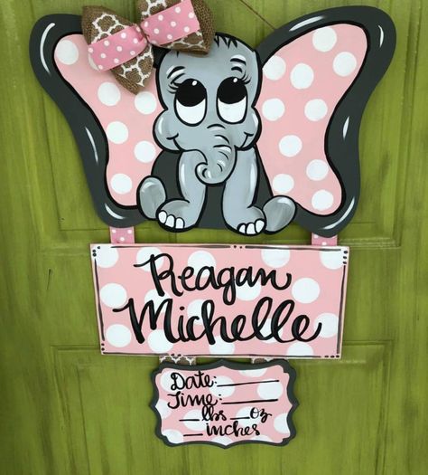 Door Hanger Hospital, Hospital Announcement, Baby Door Hanger, Elephant Birth, Hospital Door Hanger, Nursery Baby Girl, Hospital Door Hangers, Baby Door Hangers