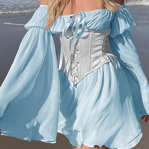 Womens Two-Piece Lace Up Corset Dress Off Shoulder Bell Sleeve Casual Party Mini Dress blue and white Lace Up Corset Dress, Chiffon Tunic Dress, Halloweenský Makeup, Dresses With Long Sleeves, Dress With Corset, Mode Kawaii, Vestidos Color Rosa, Mini Dress Blue, Lace Up Corset