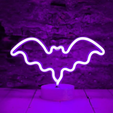 LED Neon Bat Lights Purple, Bat Shape Neon Signs Night Lights Battery Operated Desk Table Lamp for Bedroom, Bar, Wall, Halloween Decor-Bat with Holder Base(Purple) - Amazon.com Halloween Party Bar, Bat Light, Purple Led Lights, Bat Shape, Neon Lights Bedroom, Red Ghost, Night Table Lamps, Girl Bedroom Walls, Purple Halloween