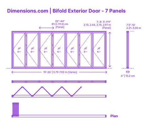 A bifold exterior door with 7 panels is a door system consisting of seven door panels hinged together that can be folded to one side when opened. These panels are typically constructed from materials such as wood, fiberglass, or metal and are designed to fit into a single door frame. Downloads online #foldingdoors #bifolddoors #doors #construction #buildings Acordian Doors, Bifold Exterior Doors, Glass Bifold Doors, Bifold Door, Graph Paper Designs, Door Plan, Window Drawing, Interior Architecture Drawing, Door Dimensions