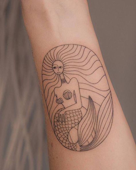 Fine line mermaid tattoo located on the inner forearm. Siren Tattoo Traditional, Line Mermaid Tattoo, Fine Line Mermaid Tattoo, Minimalist Mermaid Tattoo, Fine Line Forearm Tattoo, Simple Mermaid Tattoo, Mermaid Tattoo Ideas, Small Mermaid Tattoo, Abstract Mermaid