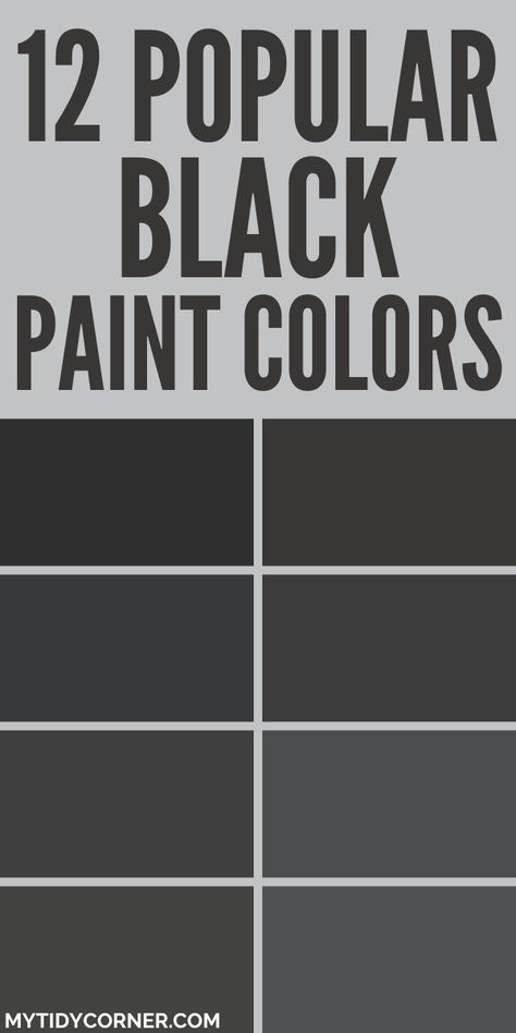 Collage of the best black paint colors from Behr, Benjamin More and Sherwin Williams. Dark Basalt Benjamin Moore, Benjamin Moore Black Door Colors, Best Benjamin Moore Black Paint Colors, Soft Black Paint Color Sherwin Williams, Best Almost Black Paint Color, Black Bedroom Wall Paint, Black Paint In Bedroom, Little Black Dress Behr Paint, Black Trim Paint Color