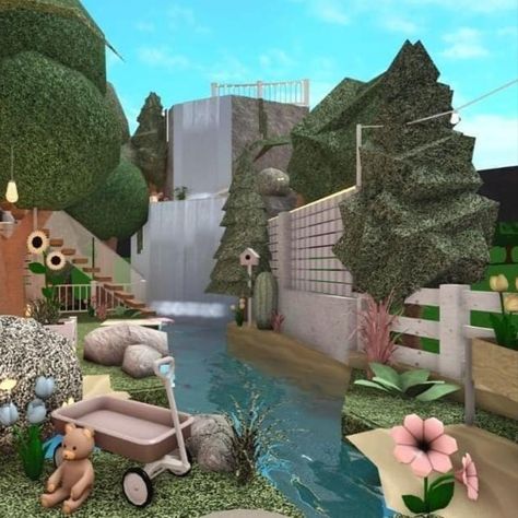 #roblox #robloxbuild #bloxburg #robloxgame Roblox Garden Bloxburg, Bloxburg Front Yard Ideas Aesthetic, Floral Bloxburg House Exterior, Fairy Core Bloxburg House, Bloxburg Backyard Ideas Aesthetic, Fairy Cottage Bloxburg, Bloxburg Yard Ideas, Bloxburg Backyard Waterslide, Bloxburg Mountain House