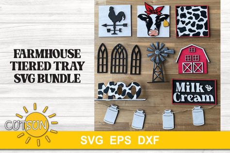 Square Signs, Cow Print Pattern, Farmhouse Tiered Tray Decor, Farmhouse Tiered Tray, Diy Dollar Tree Decor, Dollar Tree Decor, Cow Head, Milk Cans, Tiered Trays