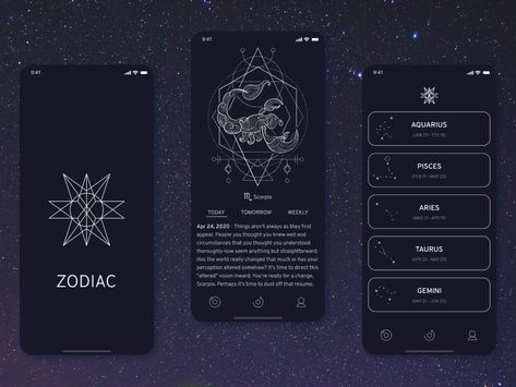 Simple daily horoscope app by Valery Yakovchik on Dribbble Horoscope App Design, Astrology App Design, Medieval Socks, Zodiac Branding, Astrology Magazine, Esoteric Design, Brand Bible, Astronomy Magazine, Horoscope Signs Scorpio