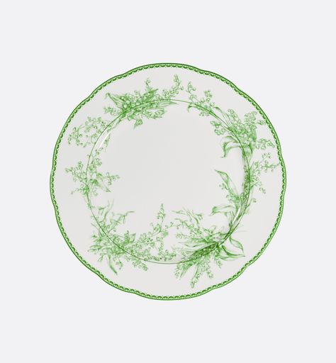 Dinner plate in extra fine Limoges porcelain with green Lily of the Valley motif, revisited for the occasion of the first of May. Lily of the Valley was a good luck charm of Mr. Dior, who always carried a sprig in his pocket for runway shows. Green Lily Of The Valley, Green Lily, Valley Green, Denim Swimsuit, Limoges Porcelain, Christian Dior Couture, Luck Charm, Dior Couture, Intellectual Property