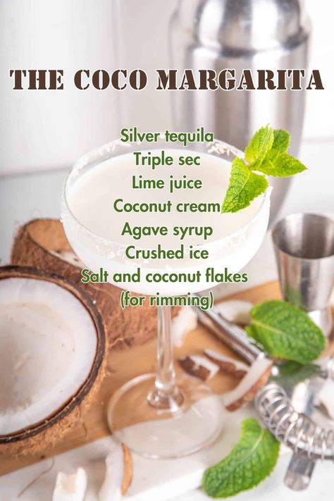 A frosty Coco Margarita with coconut shavings, offering a tropical twist to the classic margarita. Coco Margarita, Grand Coconut Margarita Recipe, Coconut Jalapeno Margarita, Coconut Tequila Margarita, Frozen Coconut Margarita, Coconut Margarita Recipe, Margarita Flavors, 1800 Coconut Tequila Margarita, Disney Inspired Cocktails