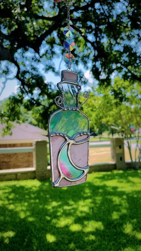 Stained Glass Planchette, Stained Glass Potion Bottle, Witchy Stained Glass Art, Stained Glass Witchy, Witchy Stained Glass Patterns, Moon Potion, Lunar Moon, Glass Inspiration, Goth Decor